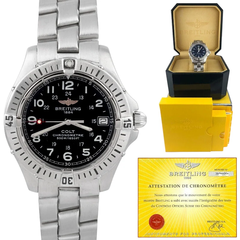 High-End Watches with Leather Straps-2003 Breitling Colt Ref. A74350 Stainless Steel 38mm Watch BOX & PAPERS