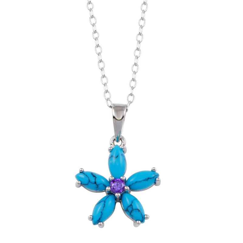 Cute Necklace for Gift Giving-Silver 925 Rhodium Plated Turquoise Flower and Purple CZ Necklace