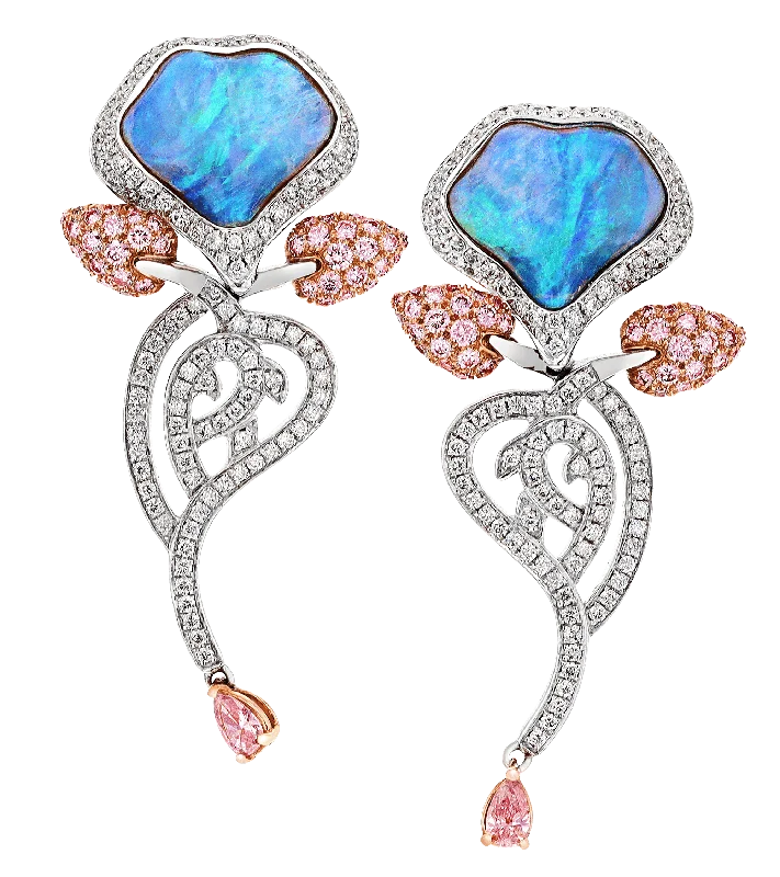 Dazzling Earrings for Night Parties-Opal and Pink Diamond Floral Earrings