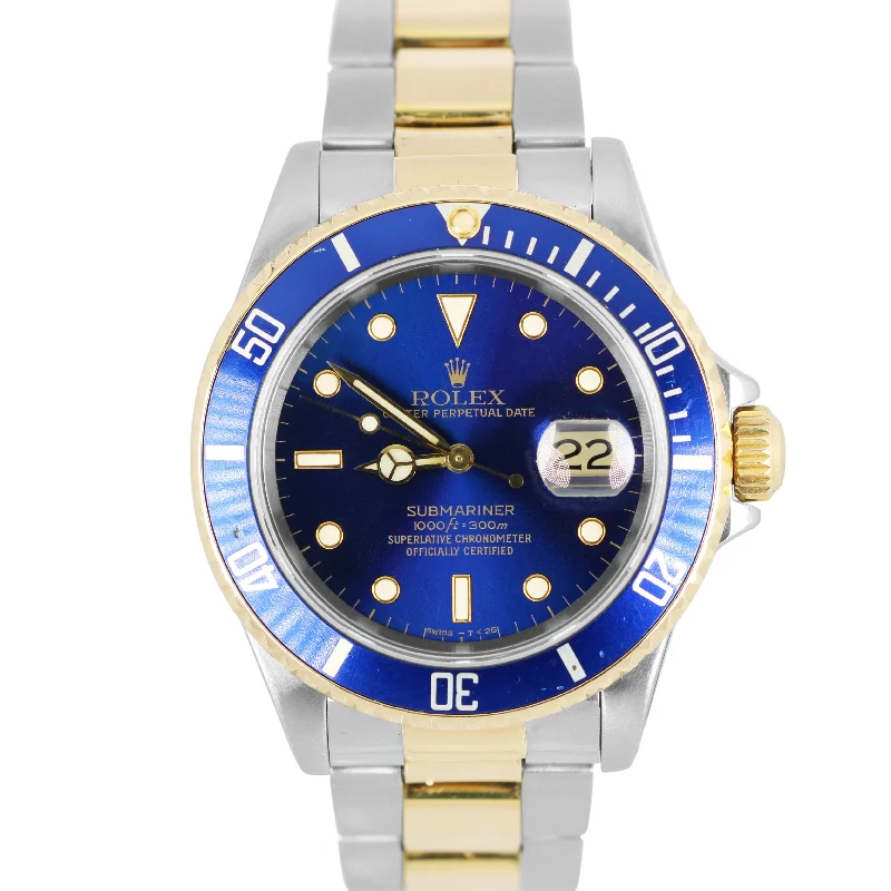 Chronograph Watches with Stopwatch Function-Rolex Submariner Date Two-Tone 18k Yellow Gold Steel Blue 40mm 16613LB Watch