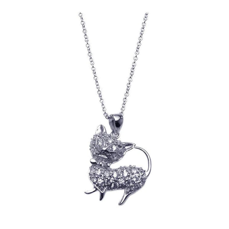 Elegant Statement Necklace for Parties-Silver 925 Rhodium Plated Clear CZ Cat Pendant Necklace