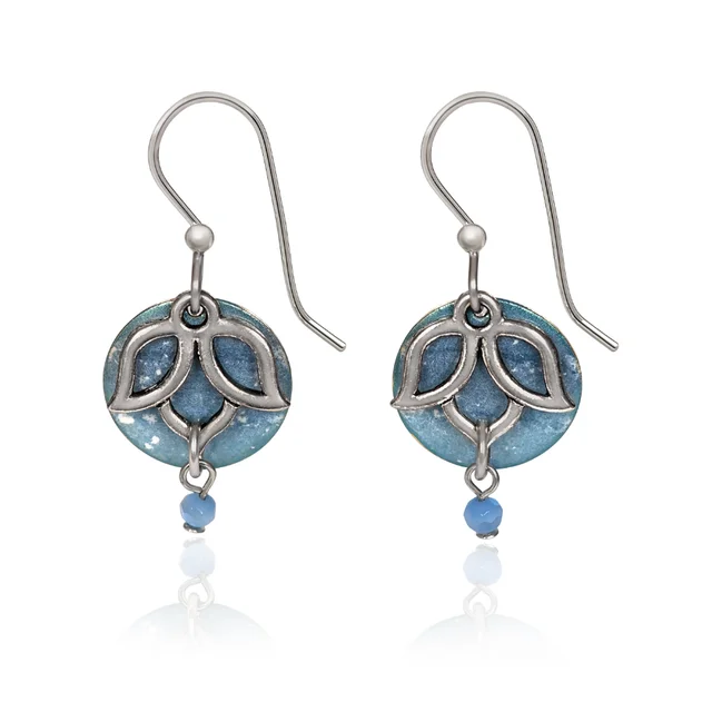 Large Hoop Earrings for Women-Silver Forest Earrings Enlightened Open Lotus Flower on Blue Disc