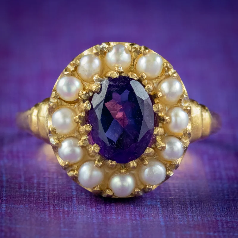 Elegant Silver Engagement Ring-Victorian Style Amethyst Pearl Cluster Ring 1.60ct Amethyst