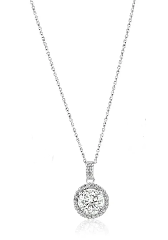 Long Silver Necklace for Women-Silver 925 Rhodium Plated Round Moissanite 2 Carat Necklace