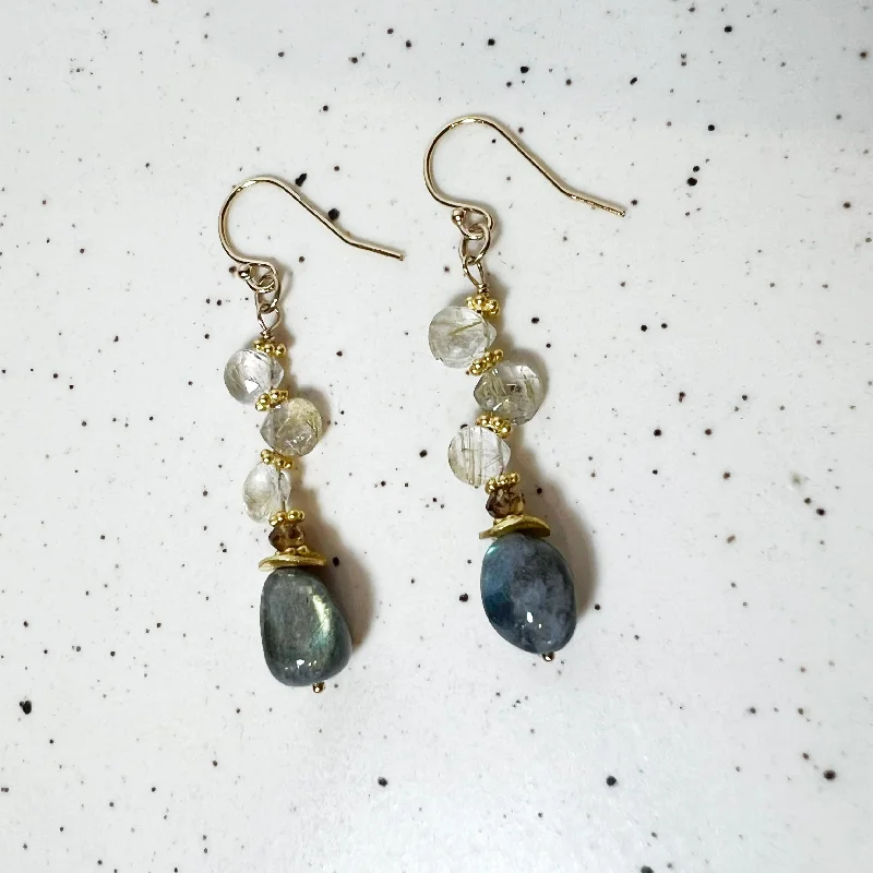 Gold Hoop Earrings-Labradorite Beads, Rutilated Quartz Briolettes Earrings