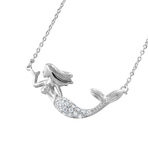 Sterling Silver Necklace with Pendant-Silver 925 Rhodium Plated Clear CZ Mermaid Necklace