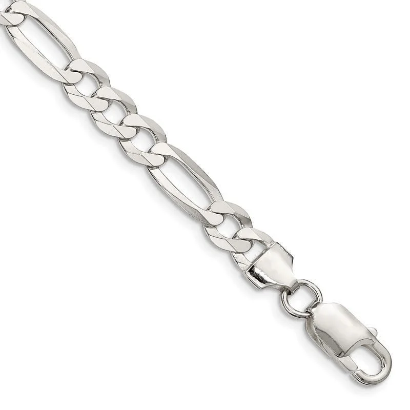 Beautiful Diamond Bracelet for Weddings-Sterling Silver 7.5mm Lightweight Flat Figaro Chain Bracelet