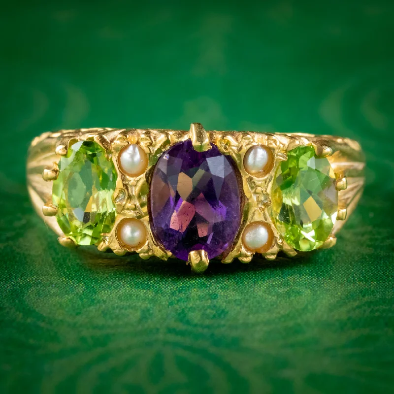 Silver Men’s Ring with Design-Edwardian Suffragette Style Ring Amethyst Peridot Pearl