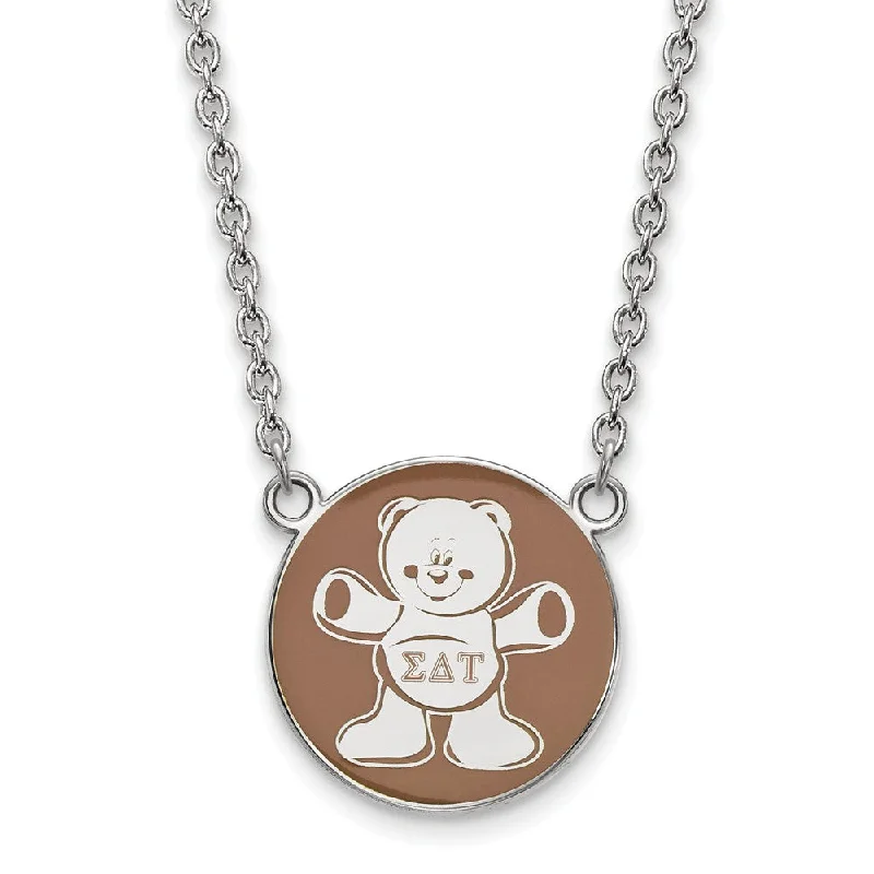 Cute Necklace for Teen Girls-Sterling Silver Sigma Delta Tau Large Enamel Bear Disc Necklace