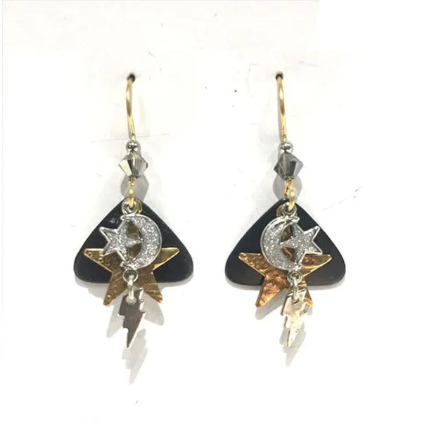 Simple Diamond Earrings-Silver Forest Stars and Moon on Black Triangle Earrings