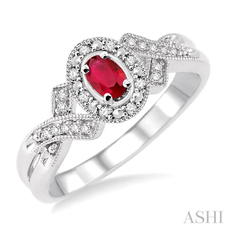 Matching Wedding Rings for Couples-5x3 mm Oval Cut Ruby and 1/50 Ctw Single Cut Diamond Ring in Sterling Silver