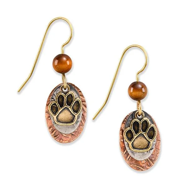 Chic Gemstone Earrings-Silver Forest Earrings Gold Pawprint on Orange Teardrop