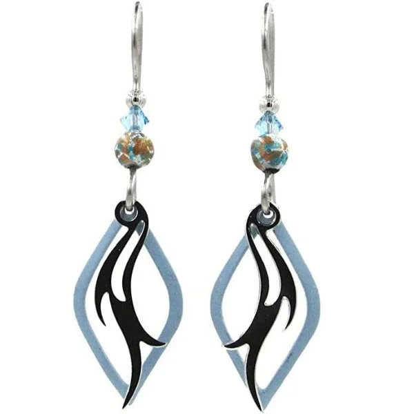 Vintage Style Drop Earrings-Silver Forest Light Blue Open Diamond Shape with Silver Plated Center Swirl Drop Earrings