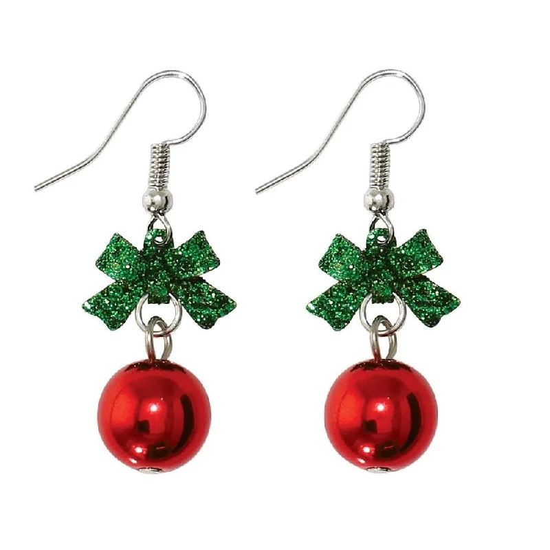 Chic Earrings for Stylish Women-Holiday Earrings Green Bow Red Ornament