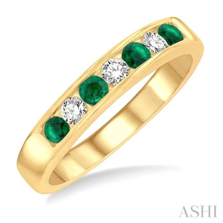 Beautiful Wedding Band for Women-1/5 Ctw Channel Set Round Cut Diamond and 2.5 MM Round Cut Emerald Band in 14K Yellow Gold