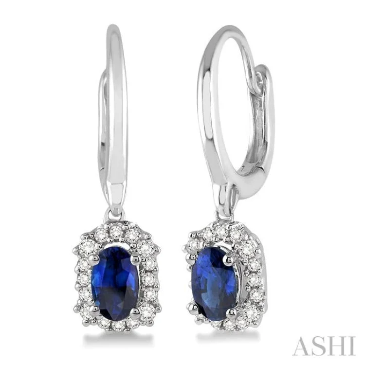 Luxury Earrings for Anniversary-5x3 MM Oval Cut Sapphire and 1/6 Ctw Round Cut Diamond Earrings in 14K White Gold