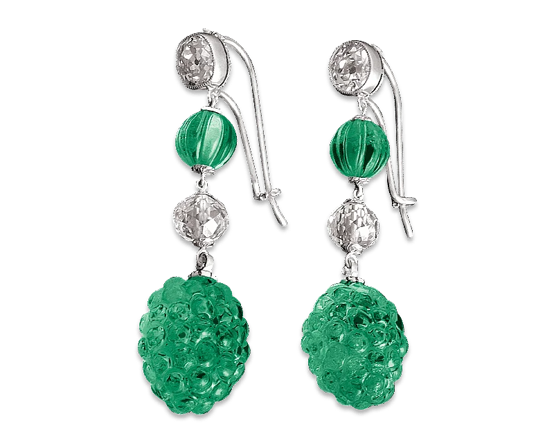 Gold Plated Drop Earrings-Carved Colombian Emerald & Diamond Earrings, 19.17 Carats