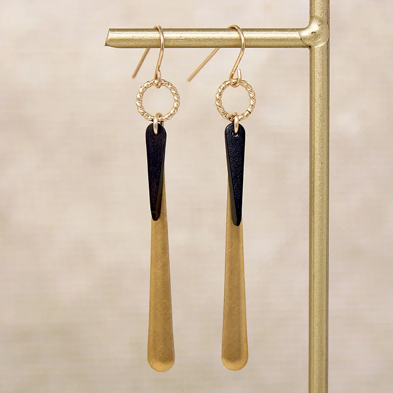 Bright Earrings for Daytime Looks-Warm Brass & Ebony Wood Drop Earrings by Brin