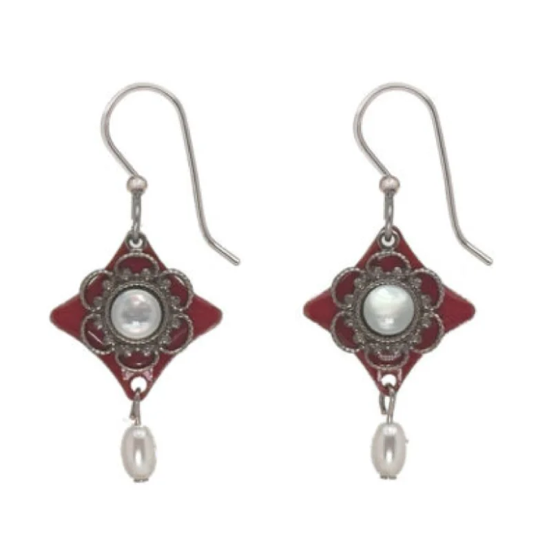 Ethnic Earrings for Traditional Wear-Silver Forest Earrings Clear Stone on Red Diamond Filigree