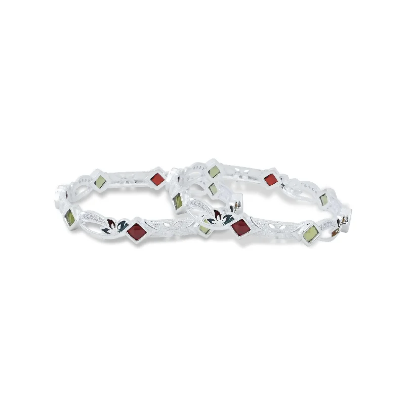 Chunky Silver Bangles for Statement Look-Silver Red and Green Gem Stone Leaf Design Bangles