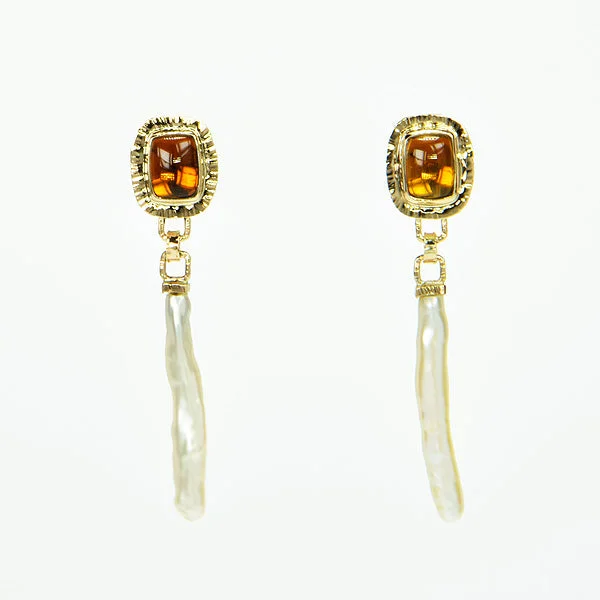 Handcrafted Drop Earrings for Unique Look-Amber Tourmaline & Freshwater Pearl Earrings