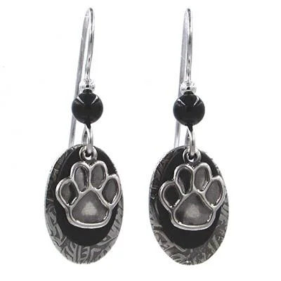 Swarovski Crystal Earrings-Silver Forest Earrings Silver Black Pawprint on Teardrop