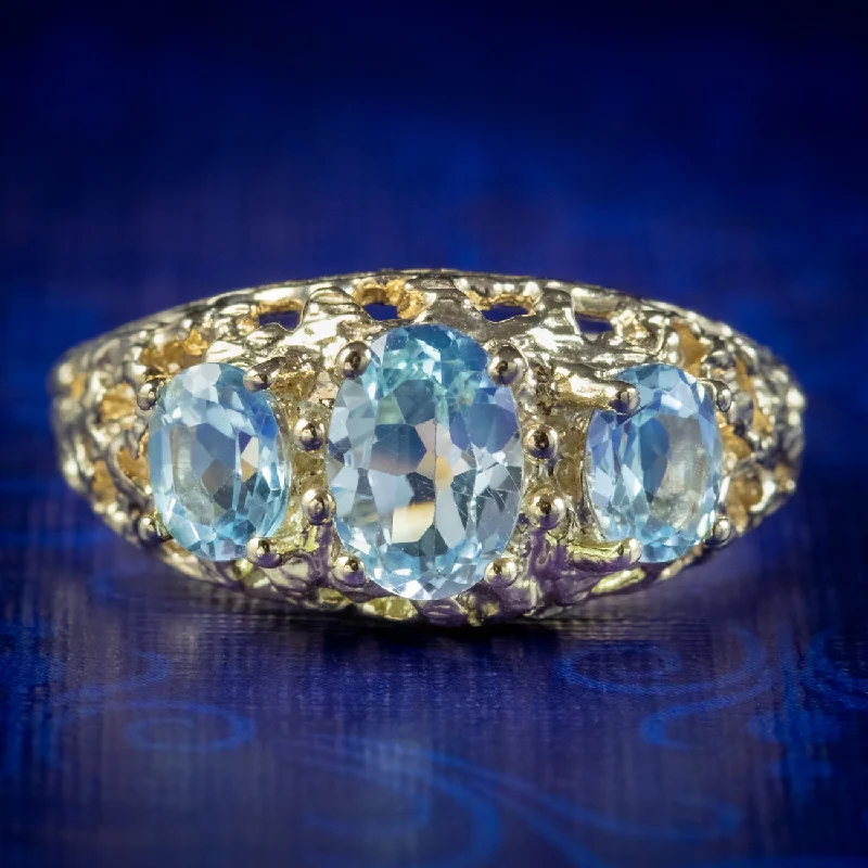 Custom Wedding Band with Initials-Victorian Style Blue Topaz Trilogy Ring 9ct Gold