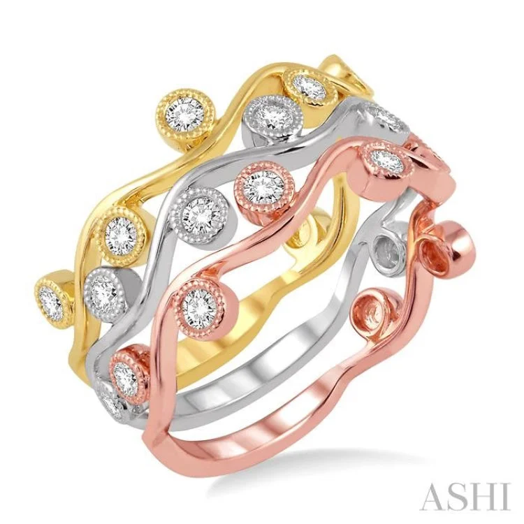 Beautiful Ruby Ring for Statement Look-3/8 Ctw Round Cut Diamond Triple Band Set in 14K Tri Color Gold