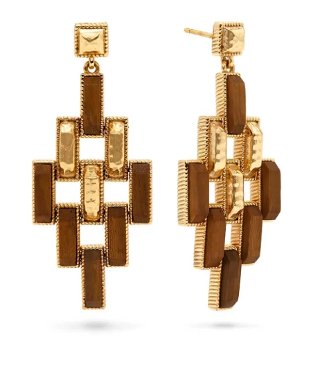 Gold Plated Earrings for Women-Earrings - Pathway Post Drop Earrings in Gold/Teak