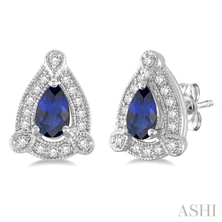 Long Silver Earrings-5x3 mm Pear Shape Sapphire and 1/6 Ctw Round Cut Diamond Earrings in 14K White Gold