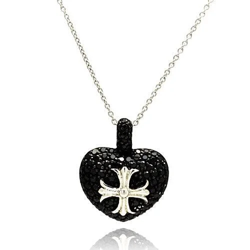 Handcrafted Silver Necklace for Gifts-Silver 925 Rhodium Plated Black Heart with Silver Cross Necklace