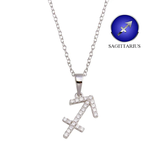 Elegant Pendant Necklace for Weddings-Silver 925 Rhodium Plated Sagittarius CZ Zodiac Sign Necklace