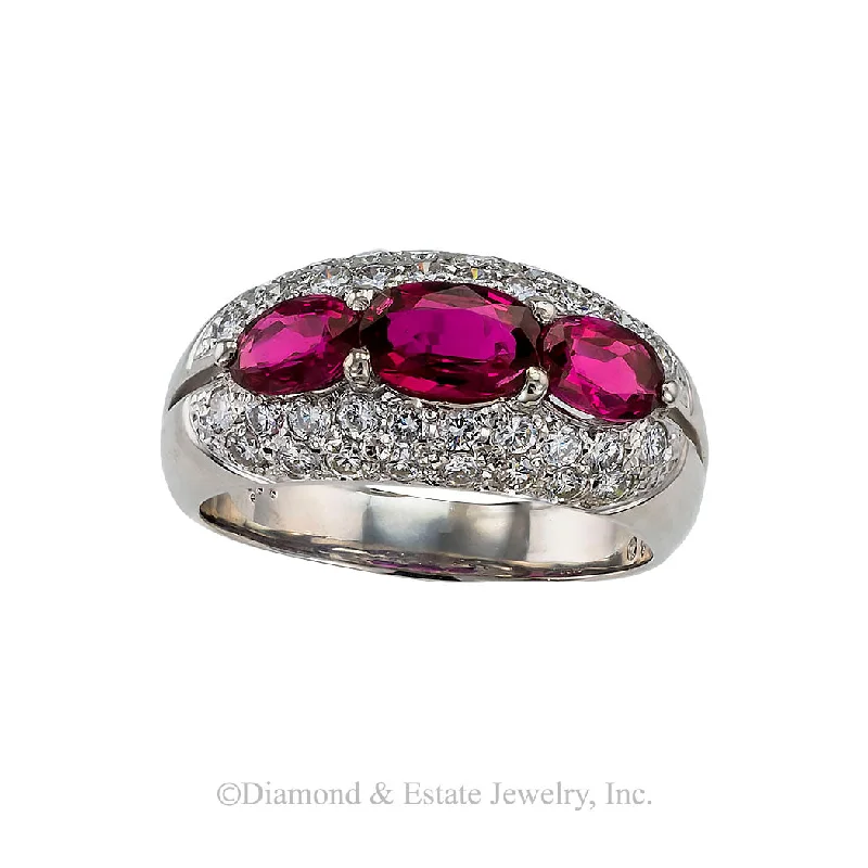 Customizable Promise Ring-Ruby Diamond Platinum Three Stone Ring