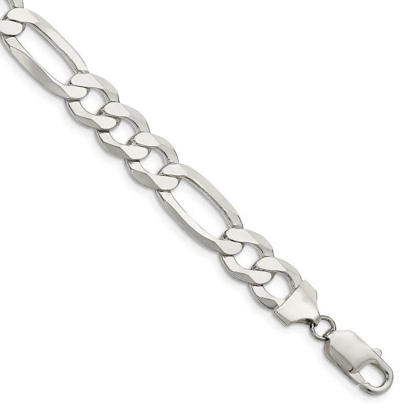 Diamond Bracelets for Weddings-Sterling Silver 9.5mm Lightweight Flat Figaro Chain Bracelet