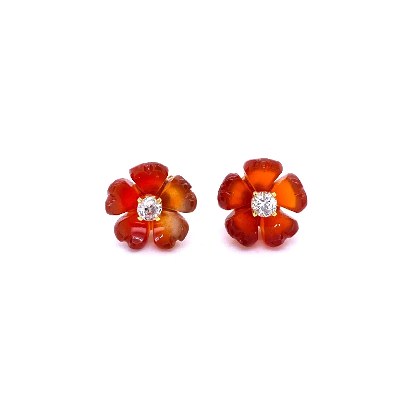 Vintage Style Earrings-1960s Diamond Carnelian Stud Flower Earrings