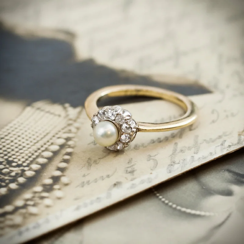 Solitaire Engagement Ring for Women-A Sweeet Little Hand Cut Diamond & Natural Pearl Cluster Ring