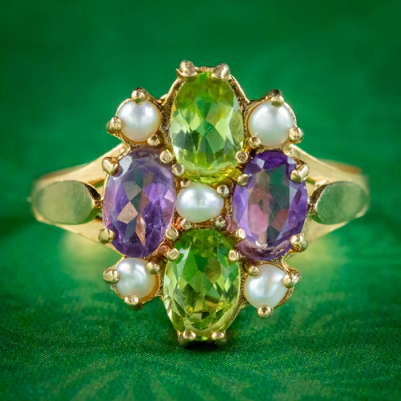 Beautiful Amethyst Ring for Women-Edwardian Suffragette Style Cluster Ring Peridot Amethyst Pearl