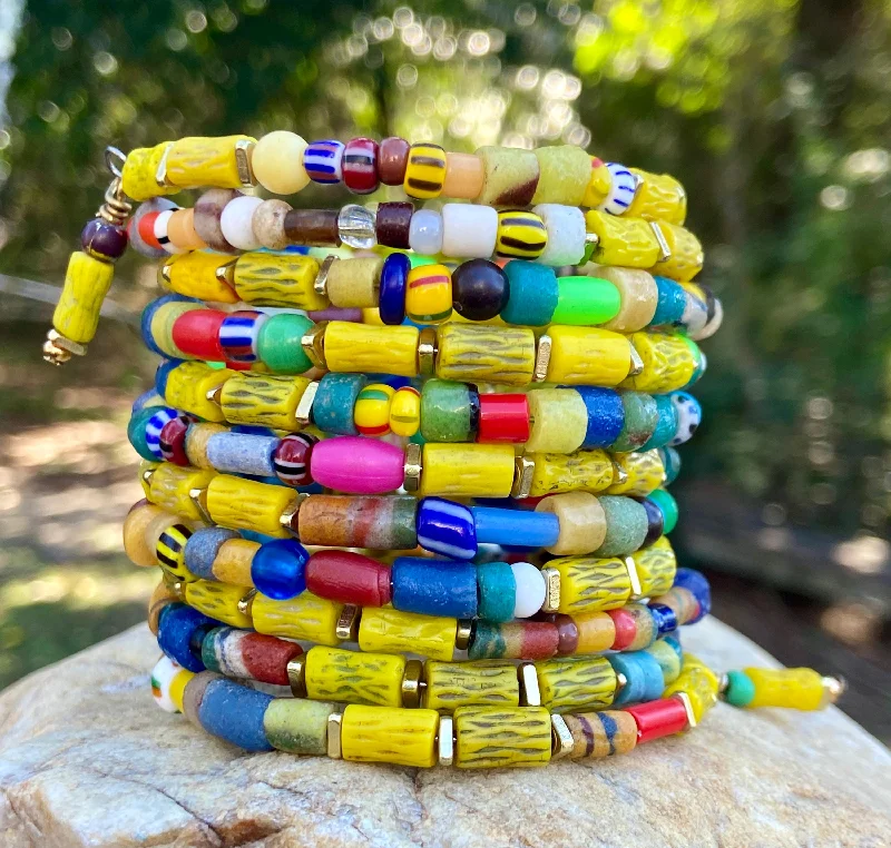 Colorful Enamel Bangles for Summer-Tribal Vintage Yellow Kakamba and African Christmas Bead Bangle