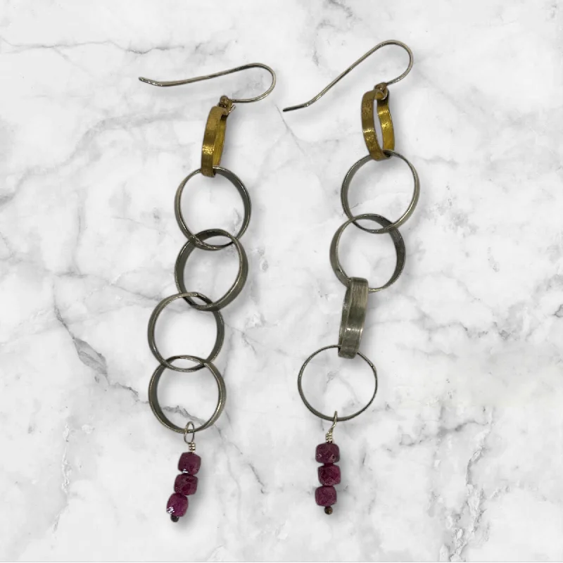 Elegant Gold Earrings for Daytime Wear-Ruby Sterling Silver & Brass Chain Earrings