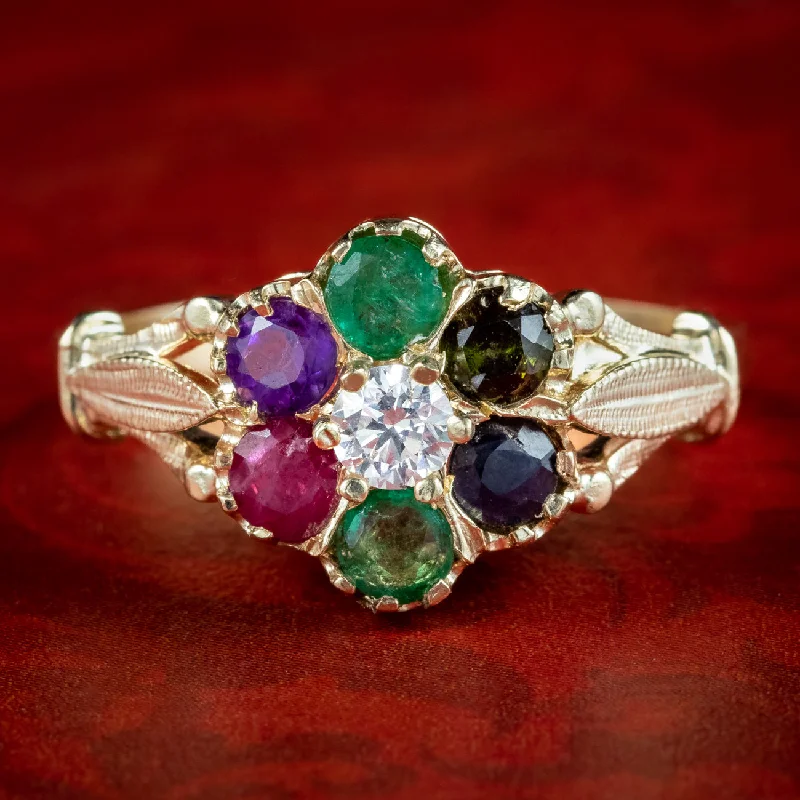 Elegant Gemstone Ring for Special Events-Victorian Style Acrostic Gemstone Cluster Ring Spells Dearest