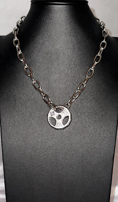 Custom Pendant Necklace for Personal Style-Silver Weight Plate Necklace with Oval Link Chain