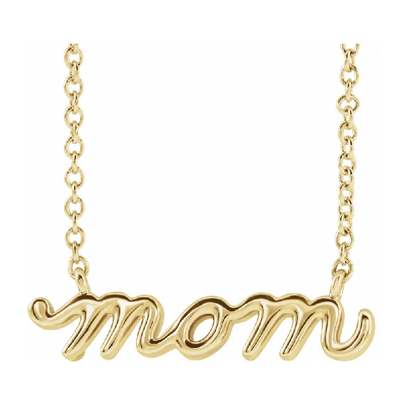 Simple Chain Necklace for Day-to-Day Look-14K Yellow Gold Petite Mom Script Necklace, 16 Inch or 18 Inch