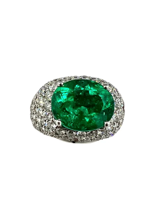 Emerald Ring for Wedding-Emerald Diamond White Gold Dome Ring