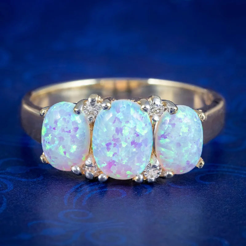 Personalized Birthstone Ring for Mom-Victorian Style Opal Diamond Trilogy Ring