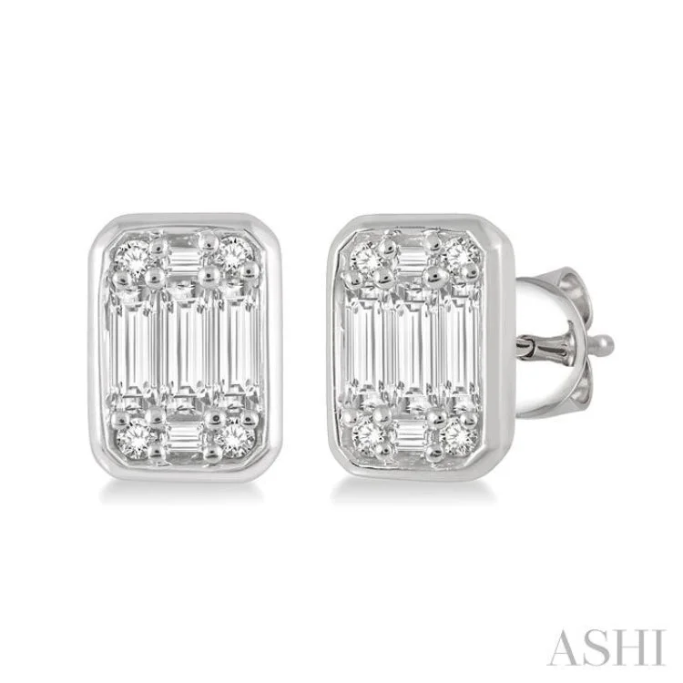 Stylish Earrings for Teen Girls-1/5 Ctw Octagonal Shape Baguette and Round Cut Diamond Bezel Stud Earrings in 14K White Gold