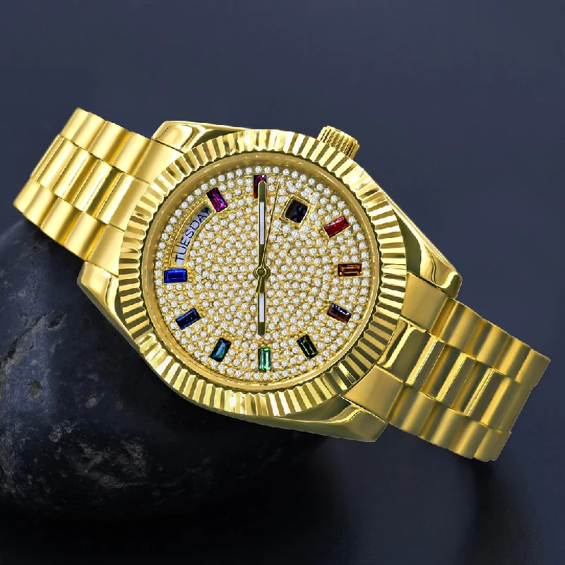 Affordable Watches for Men and Women-41MM CZ Pave Dial Rainbow Hours Day Watch