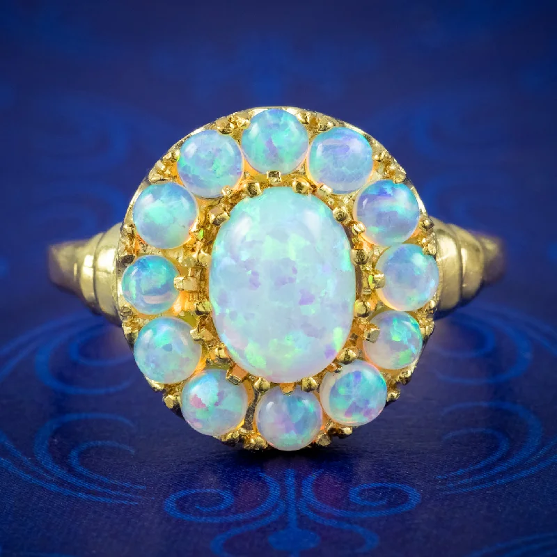 Vintage Engagement Ring with Emerald-Victorian Style Opal Cluster Ring 18ct Gold On Silver