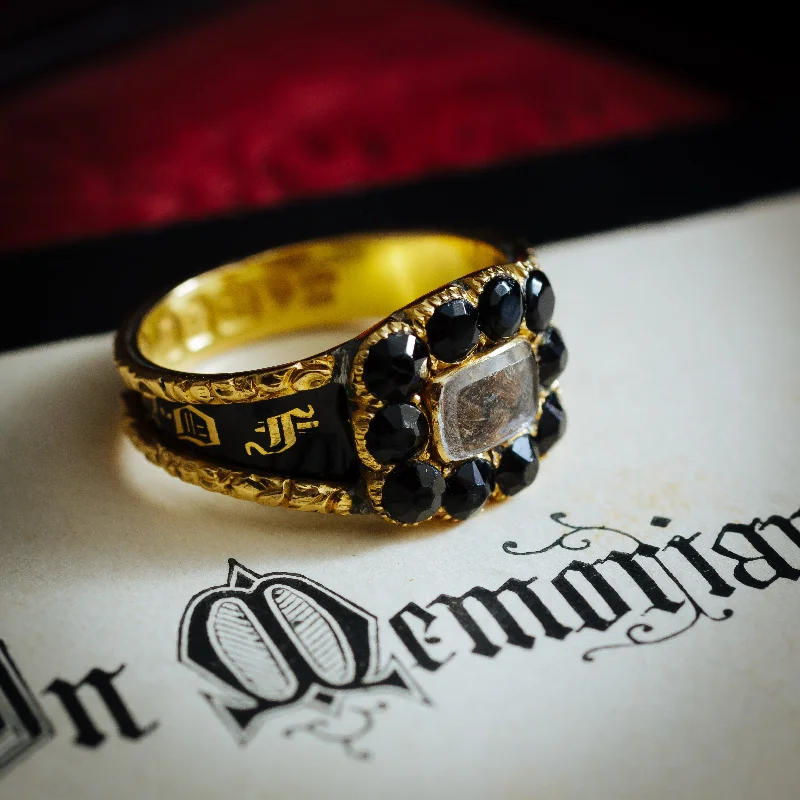 Gold Ring with Gemstones-Well Beloved Georgian Date 1827 Enamelled Mourning Ring