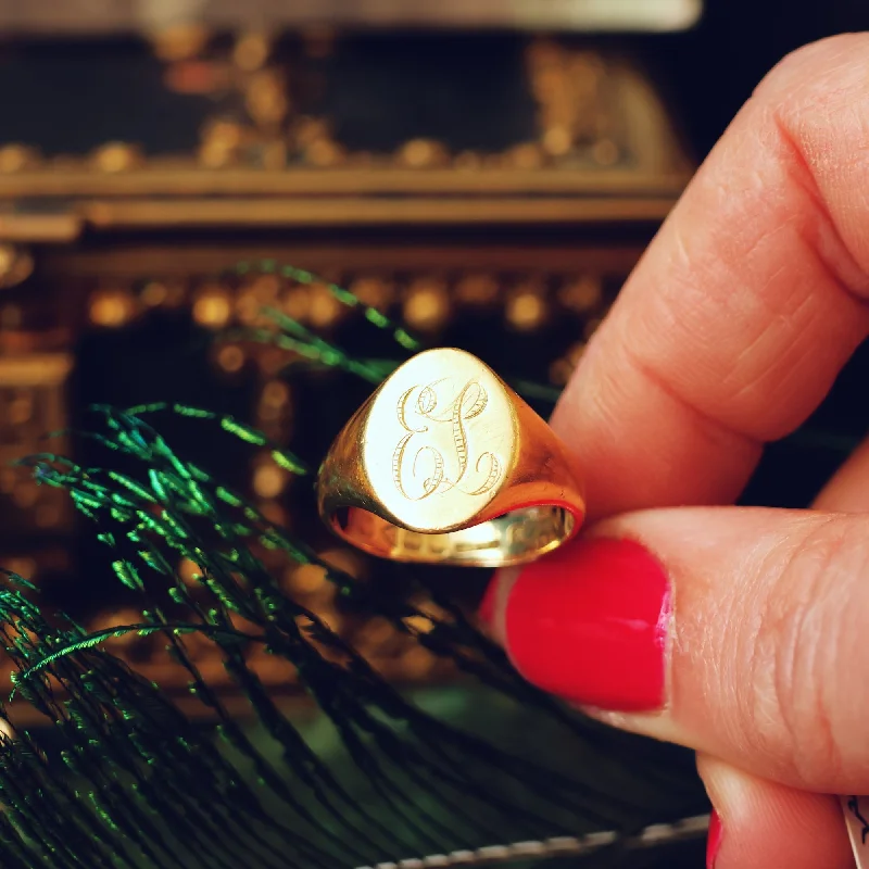 Designer Engagement Ring with Diamonds-Antique 18ct Gold Hand Engraved 'EL' Signet Ring