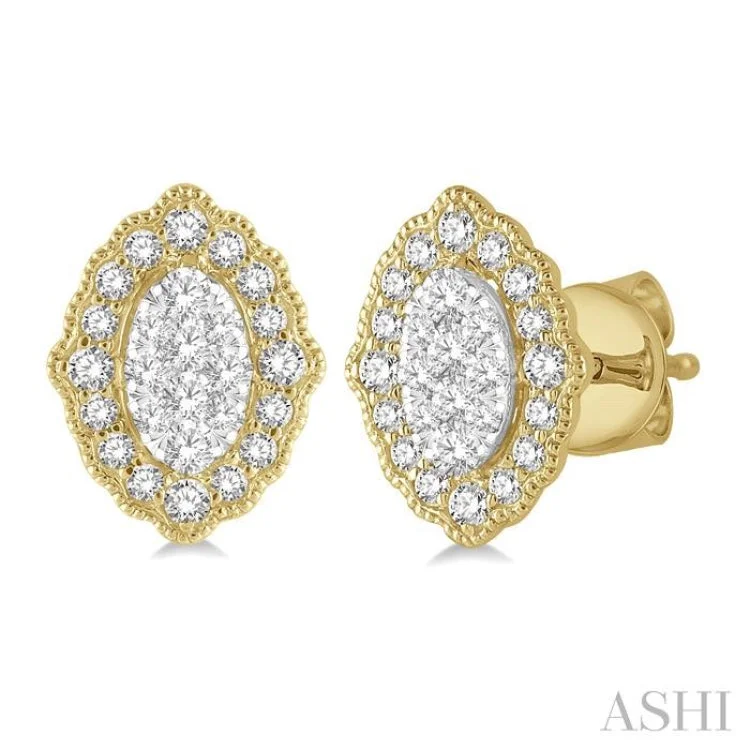 Fashionable Earrings for Parties-1/4 ctw Lattice Edge Oval Shape Lovebright Round Cut Diamond Earrings in 14K Yellow and White Gold